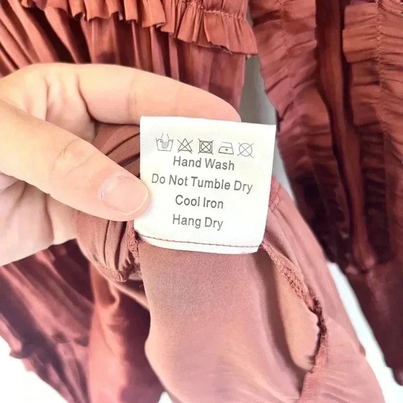 O.P.T. One Pretty Time Tianna Rust Long Sleeve Ruffle Silky Mini Dress Sz Small - Picture 14 of 14